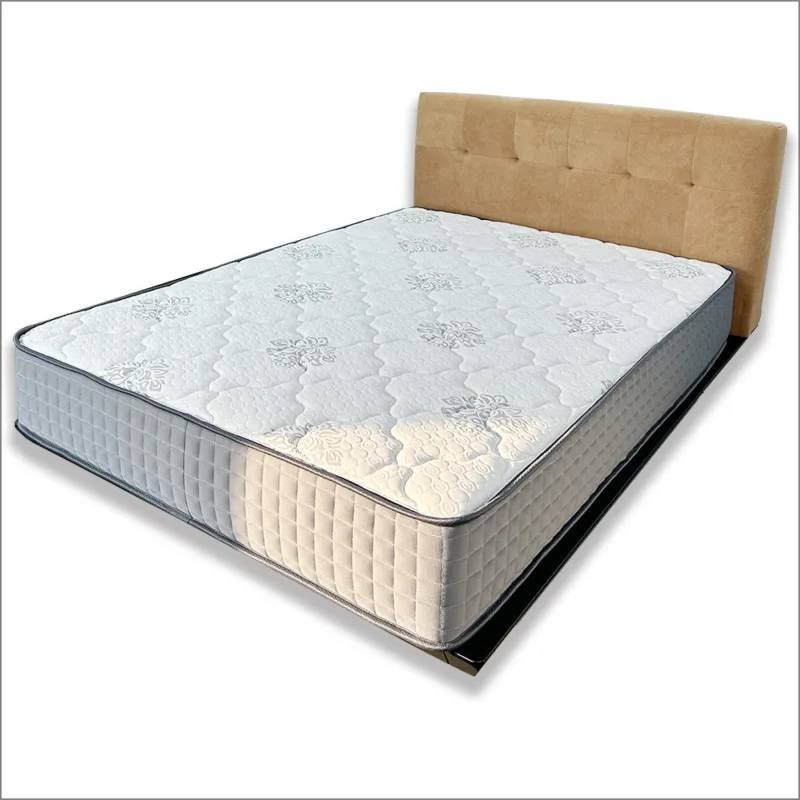 White quilted mattress with floral embroidery and grey side panels, shown on a bed with a tufted headboard.