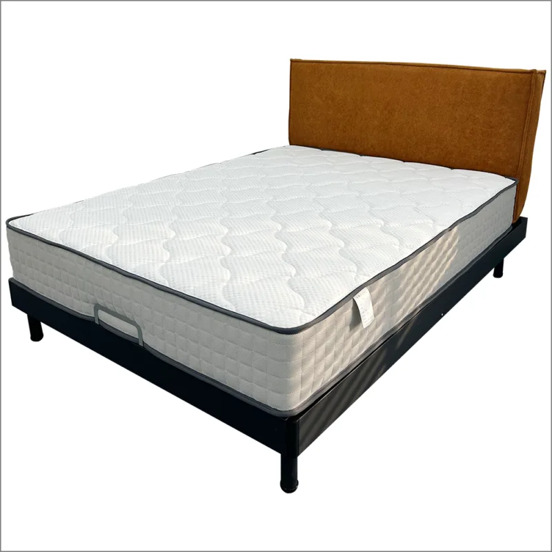 White mattress with wave-stitched quilting and grey piping on dark slatted base