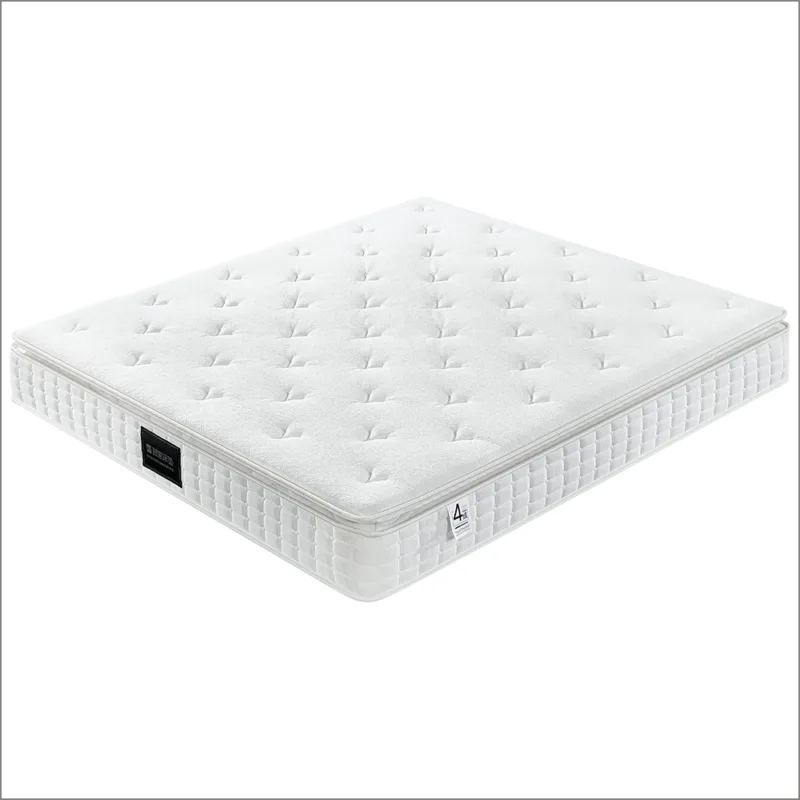 Modern minimalist mattress in white and grey featuring diamond tufted design and firmness level label.
