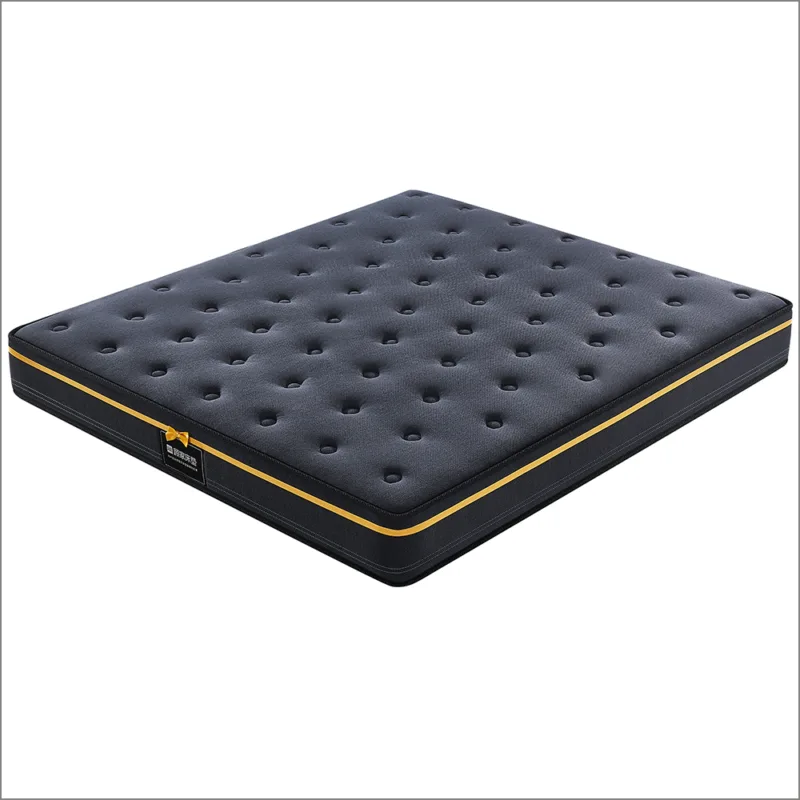 A queen-sized compression mattress with an independent pocket spring system, featuring a deep-button-tufted black velvet-like cover and elegant gold piping along the edges