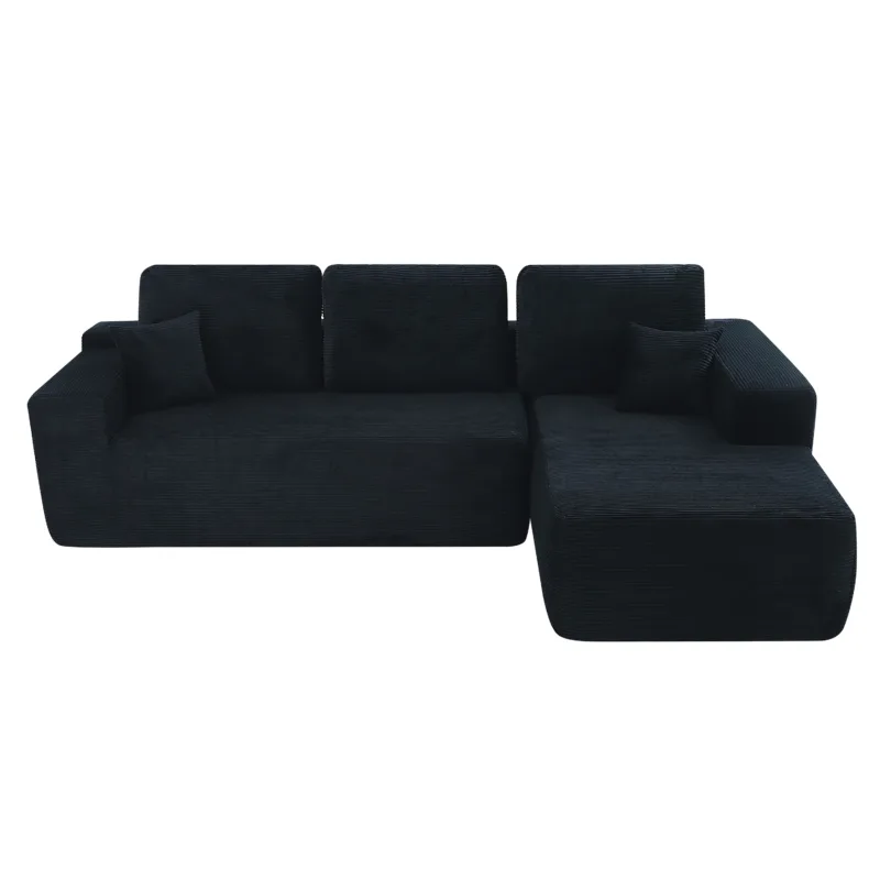 The front view of L-shape compressed sofa whith black corduroy