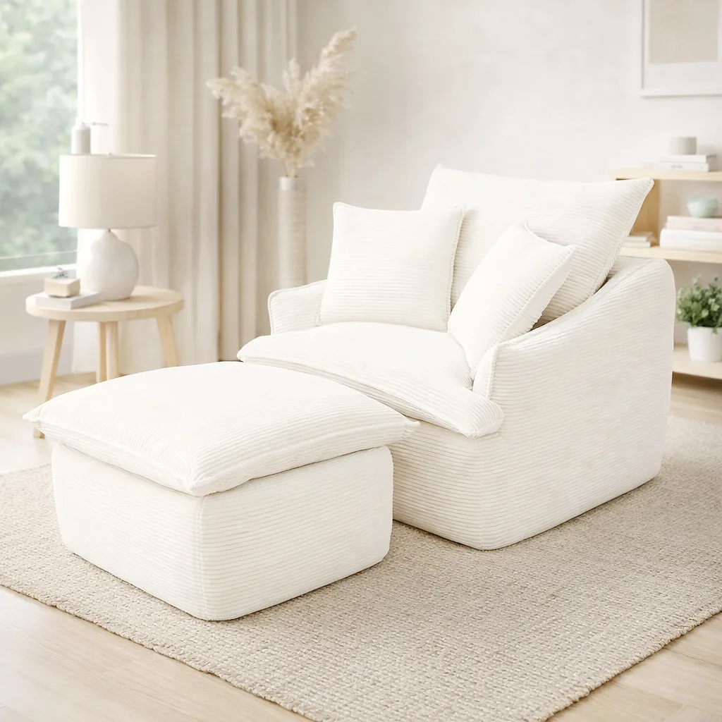 Cozy white compression single sofa with ottoman