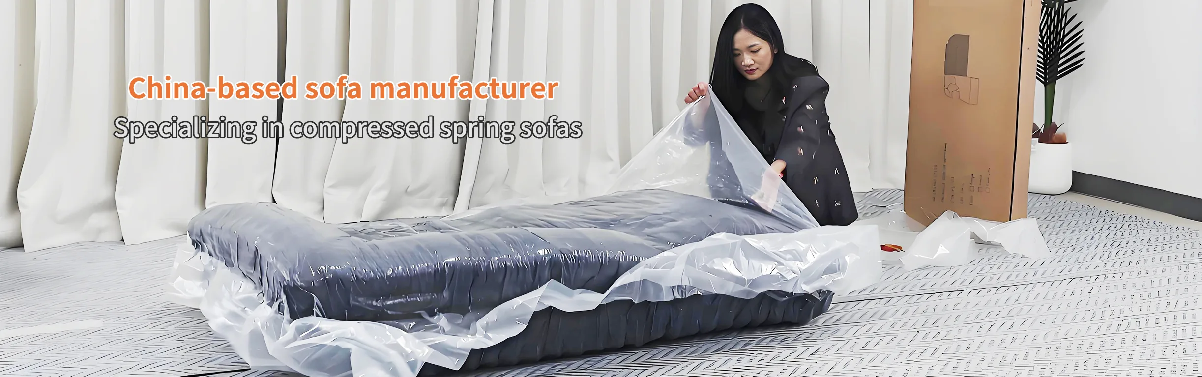 Person unpacking compressed spring sofa